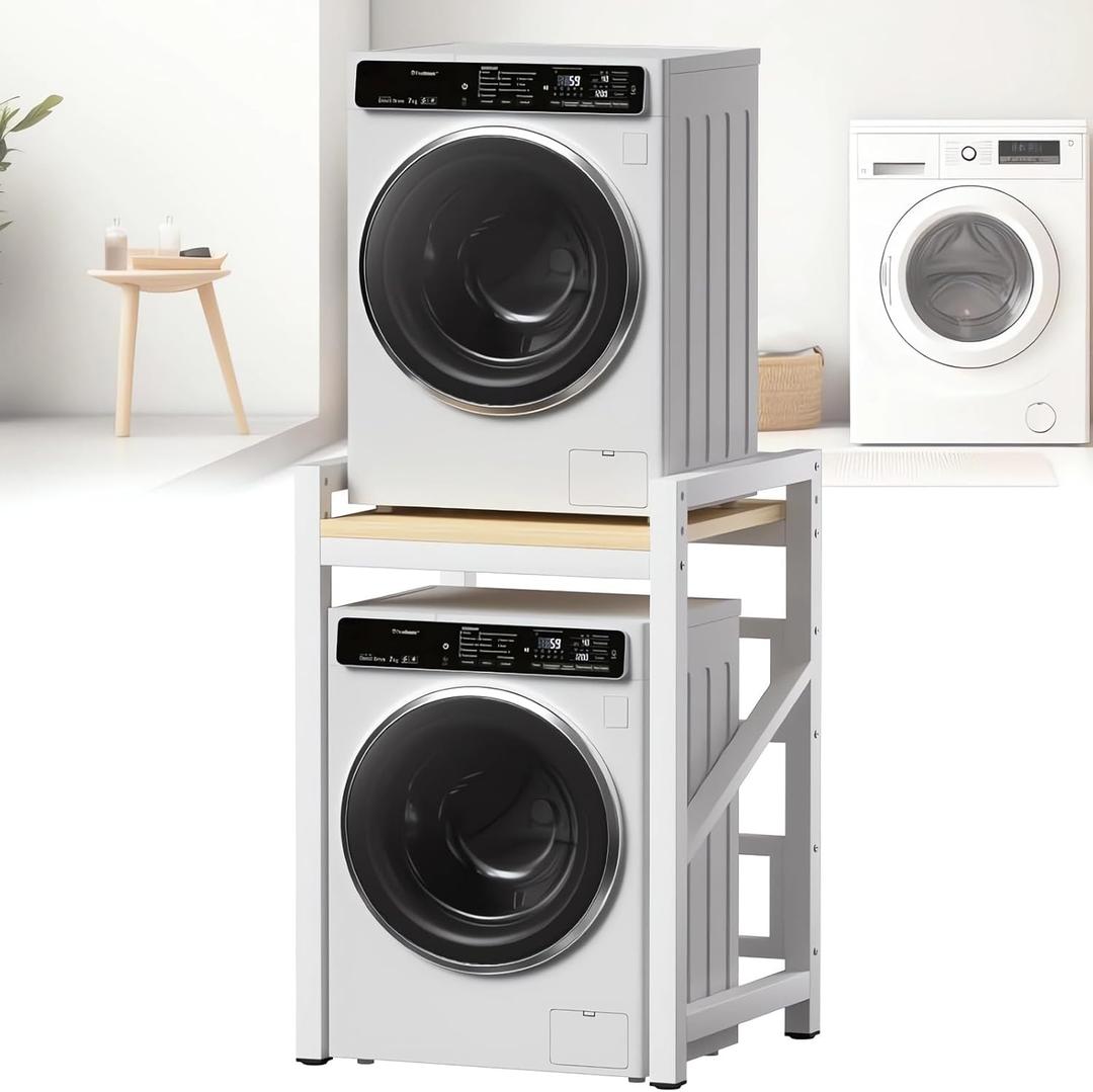 Washer Dryer Stacking Rack Kit 29.5in, Over the Washer and Dryer Storage Shelf for Laundry Room, Bathroom, Heavy Duty, Height Adjustable, 1.2mm Wall Thickness 660lbs Capacity (White, 29.5in)