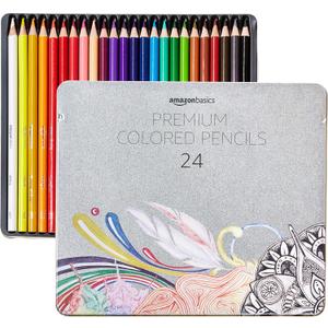 Amazon Basics Premium Colored Pencils for Coloring, Drawing and Shading, Soft Core with Rich Pigment, Pre-Sharpened, Tin Case, 24 Count, Multicolor