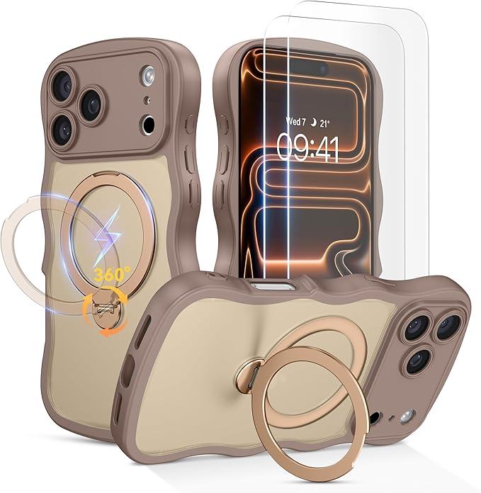 for iPhone 17 Pro Max Case for Women,[Compatible with Magsafe][360° Spin Magnetic Stand][Cute Wave Edge][with 2x Screen Protector]Translucent Matte Phone Case for iPhone 17 Pro Max,Desert Titanium