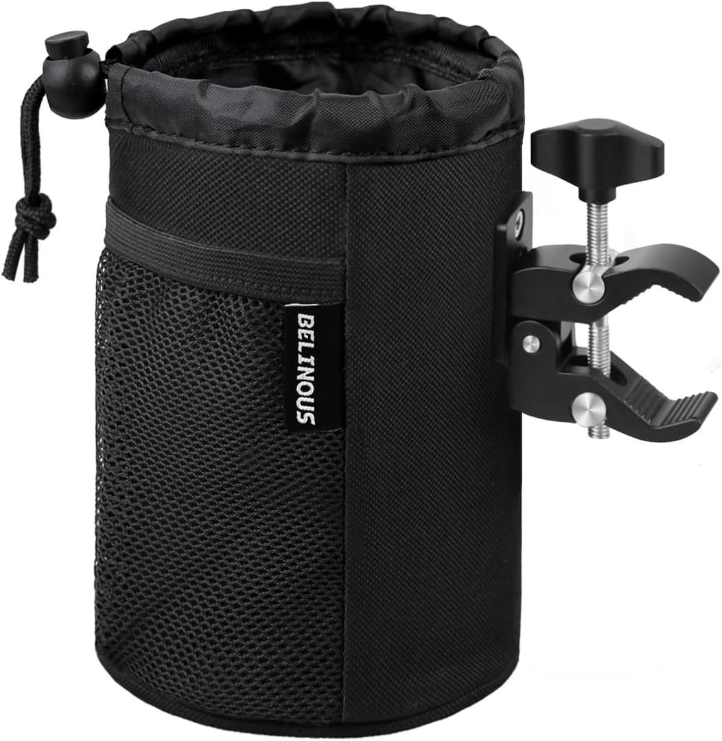 Belinous Motorcycle Cup Holder with 0.75"-1.5" Alligator Clamp, Drink Holder up to 32oz with Mesh Pockets, Universal Water Bottle Holder for Motorcycle, Bicycle, ATV, Wheelchair, e-Bike, Boat (Black)
