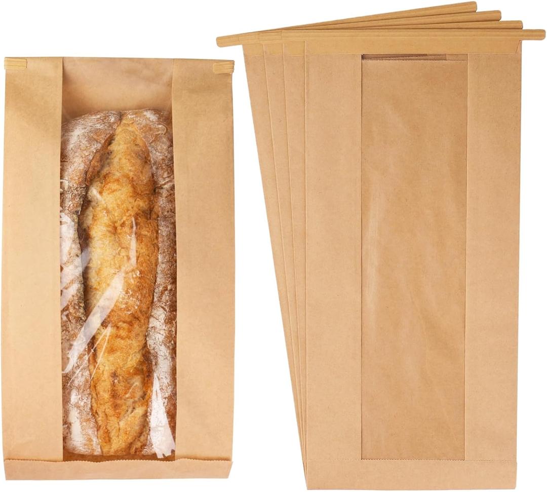 100 Pack Long Paper Bread Bags with Tabs for Homemade Sourdough, Bakery Bags with Window for Oval Sourdough Bread, Loaves, Pastries, Baguettes (6.3x2.713.7 Inches)