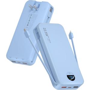 Portable Charger Power Bank, 20000mAh 22.5W USB C Fast Charging with Built-in Cables & Wall Plug, External Battery Pack with LED Display, Travel Essentials for iPhone, iPad, Samsung Blue