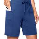 Women's 7" Athletic Hiking Long Shorts with Pockets High Waisted Stretchy | Bermuda Shorts for Women, Workout, Casual (Blue, XL)