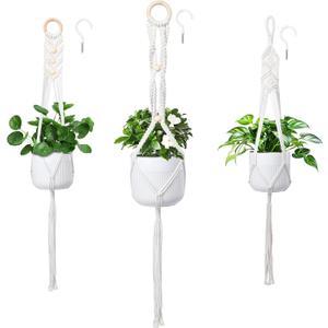 Macrame Plant Hanger 3 PCS Hanging Planters for Indoor Plants with Wood Decor Bohemian Wall Plant Hanger Outdoor Office (Beige 01)