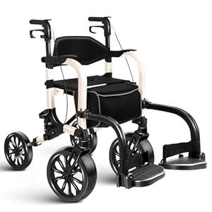 Foldable Rollator Walker with Seat for Seniors & Adults Lightweight 2-in-1 Walker and Wheelchair Combo Adjustable Handle Height Transport Chair with Brakes 300 lbs Weight Capacity (Champagne-all Terrain(10" Front and 8" Rear Wheels))