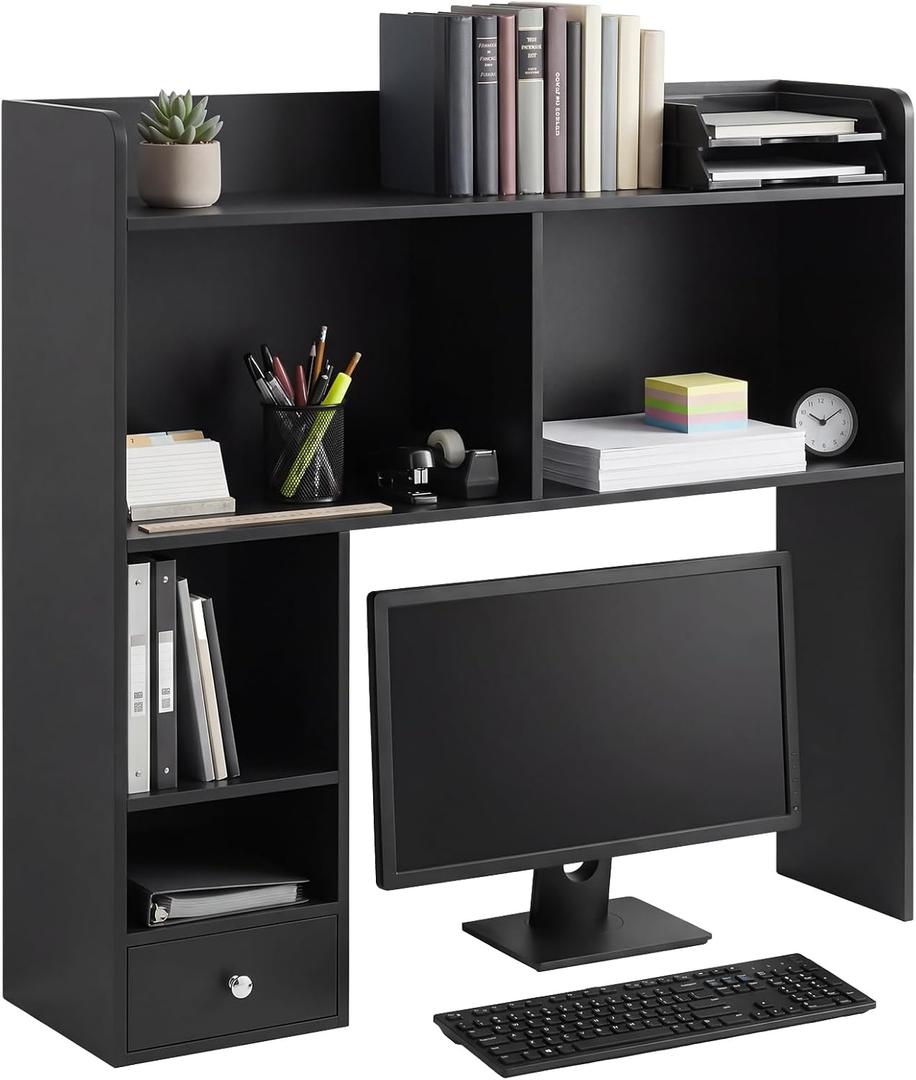 Cinnvoice White Desktop Bookshelf Countertop Storage Hutch with Drawer for Computer Desk 5-Tier Display Rack Multipurpose Wood Desktop Hutch Storage Organize for College Dorm Home Office Supply, 32.3 x 31.5 x 7.9 inches