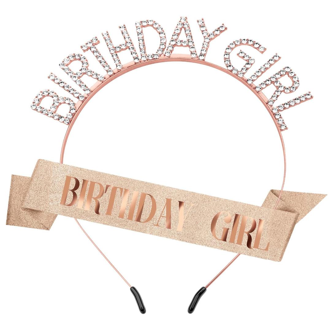 Birthday Crown Birthday Sash for Women, Birthday Girl Sash, Birthday Girl Crown, Glitter Rose Gold Birthday Sash and Crown Rhinestone Headband Set, Happy Birthday Girl Princess Tiara Sash Accessories