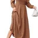 dowerme Women's Dresses 2026 Spring Puff Long Sleeve Crewneck Smocked Tiered Flowy A-Line Boho Wedding Party Maxi Dress, XXL