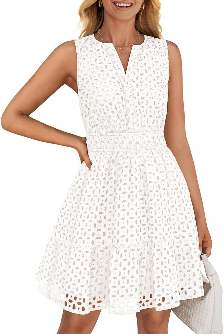 ZESICA Women's Summer Sleeveless Mini Dresses 2026 Spring V Neck Hollow Out Eyelet Flowy A Line Beach Vacation Sundress