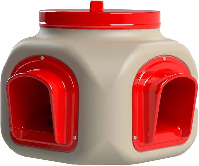 OverEZ Compact Chicken Feeder - Holds 25 Pounds of Feed - Inside or Outside Hen Coop - Large Gravity Fed Automatic Poultry Food Dispenser - No Waste Rainproof Design, 2 Packs