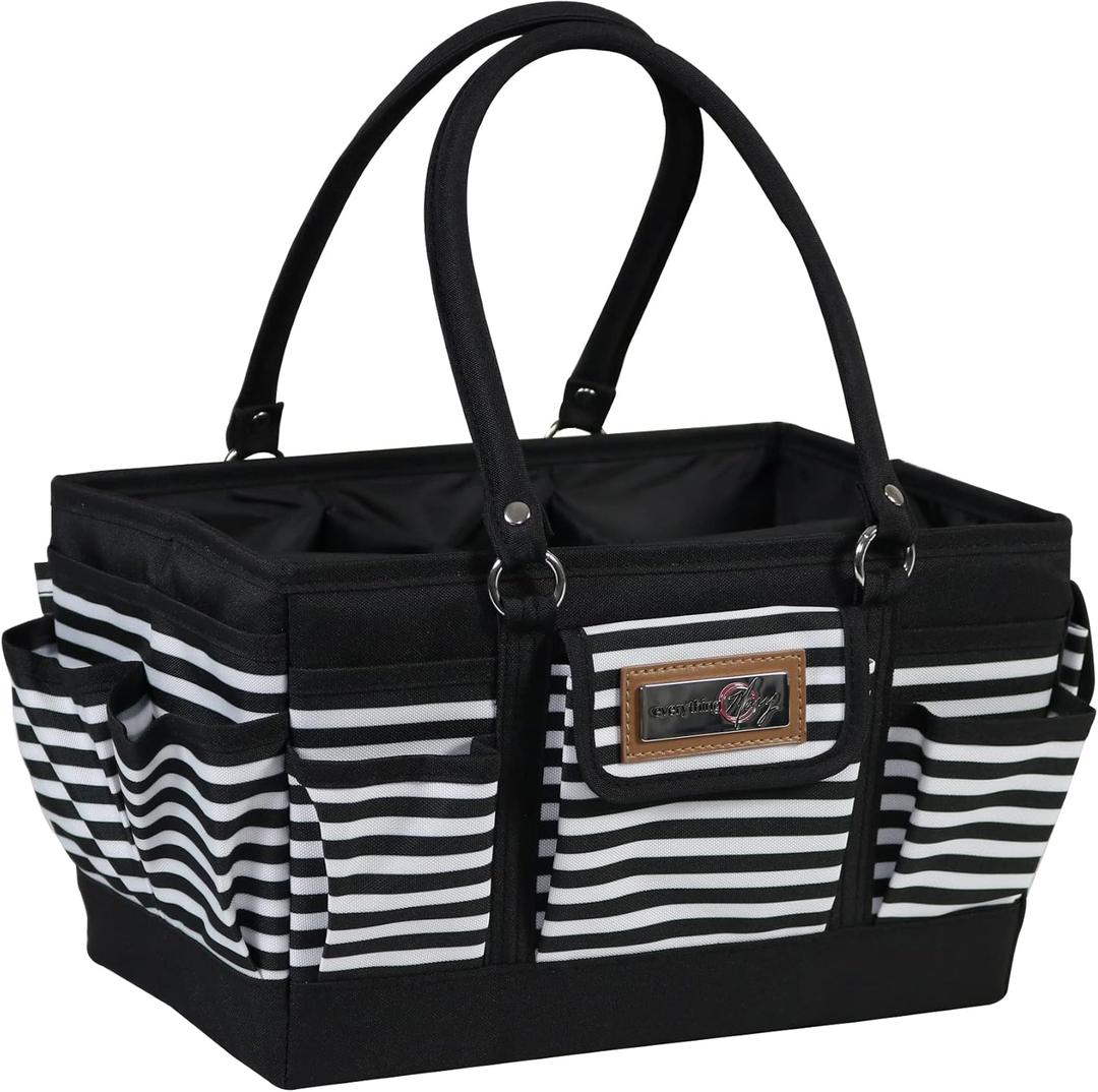 Everything Mary Deluxe Store & Tote Organizer  Black & White Stripe Craft Tote with Handle  Sewing, Scrapbooking & Art Supply Caddy for Creative Project Storage (Large)