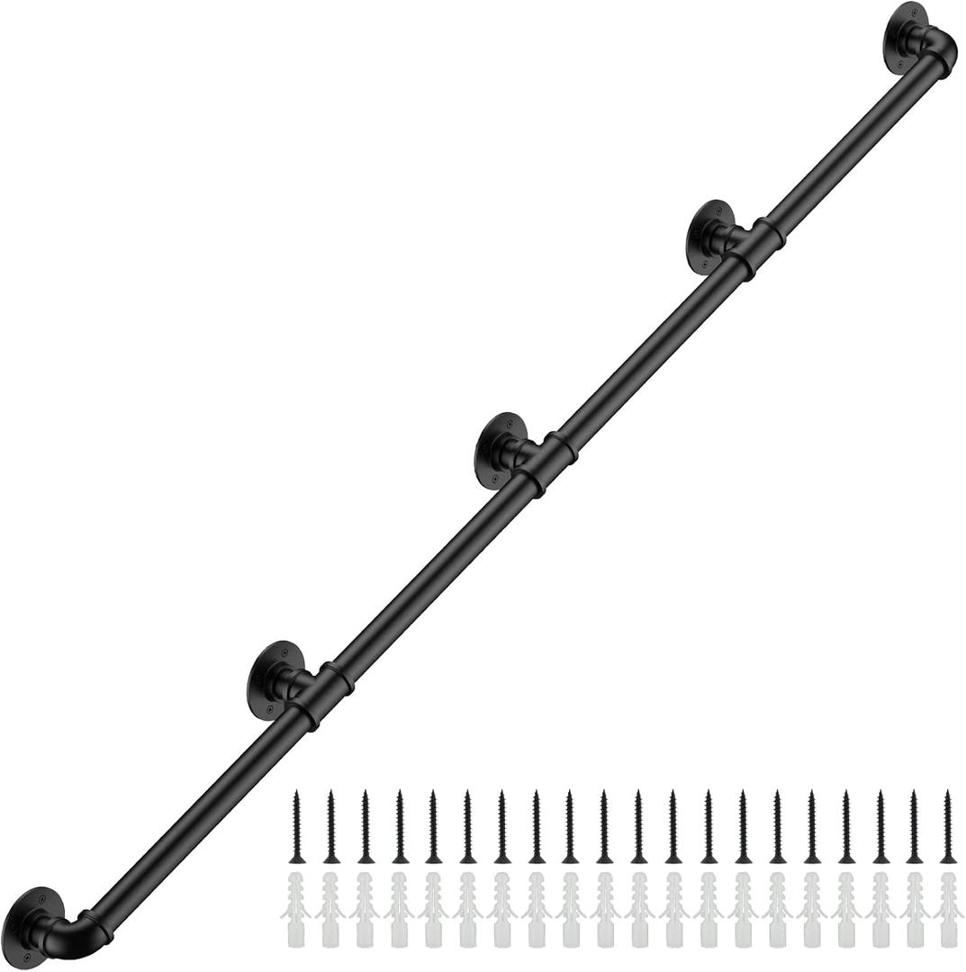 13FT Industrial Stair Railing Wall Mount Staircase Handrail 1.3 Pipe Hand Rail for Steps Grab Bar Foot Rail Vintage Pipe Railing Black Deck Handrail for Outdoor Indoor Stairs Porch