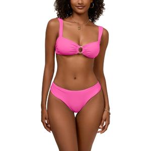 Mid Waisted Bikinik Sets for Women Brazilian High Cut Triangle Thong Swimsuit Sexy Scoop Neck O Ring Ruched Push Up 2 Piece Light Pink Swimwear(Pink, S)