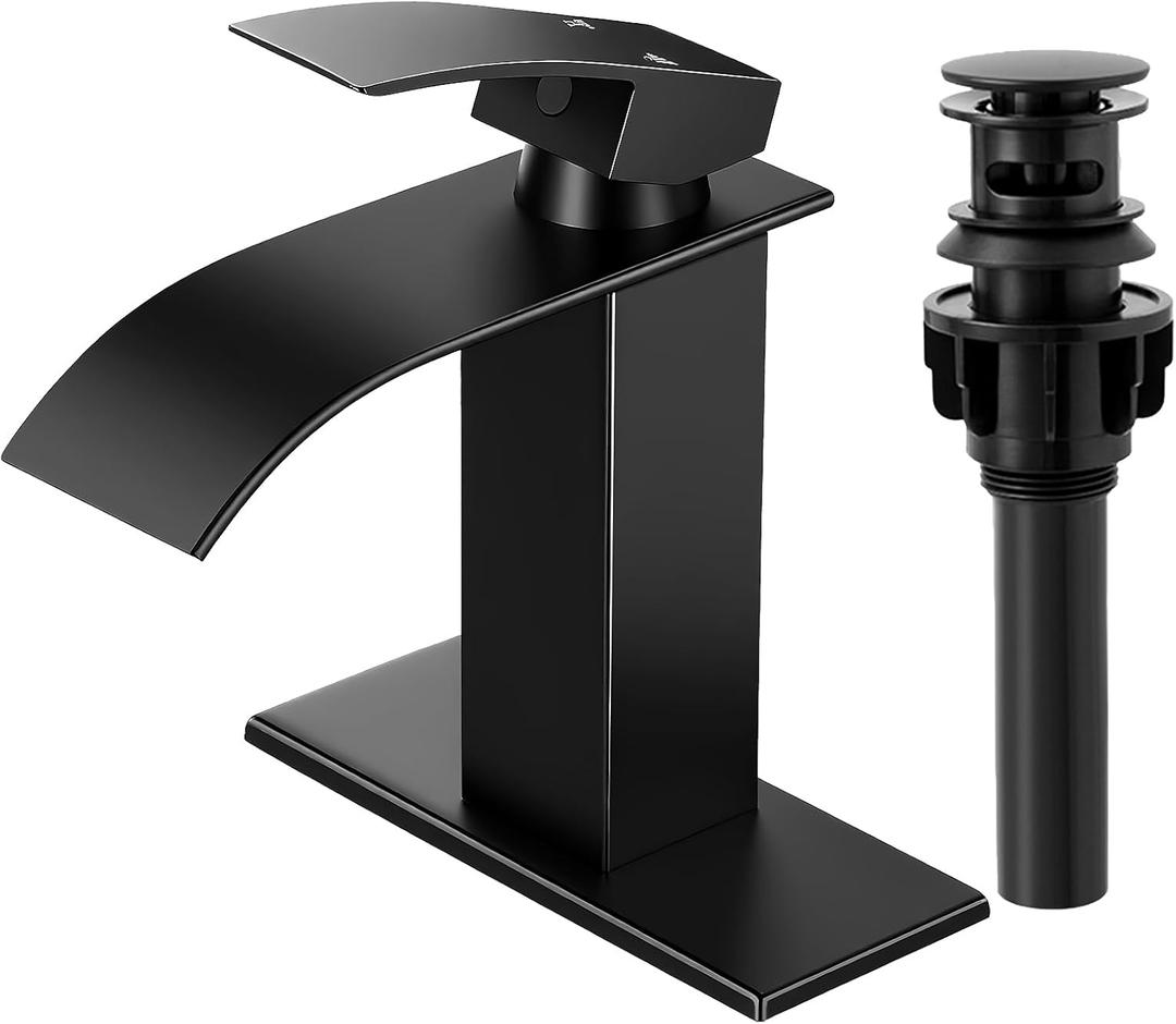 Matte Black Bathroom Faucets, Waterfall Bathroom Sink Faucet Modern Single Handle Bathroom Faucet 1 or 3 Hole, RV Mixer Tap Vanity Faucet - Includes Pop-up Drain Supply Hoses Deck Plate