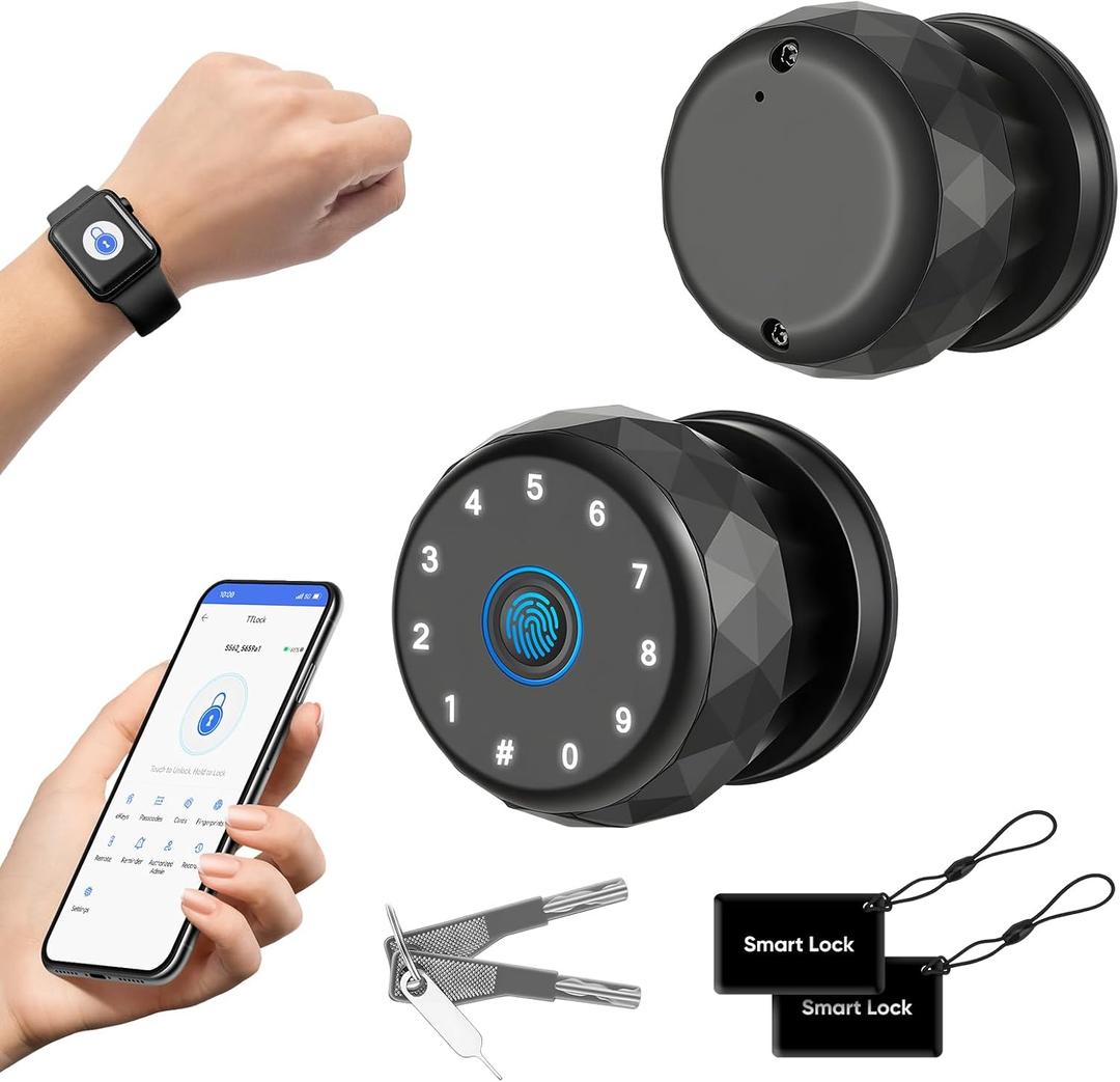 Smart Door Knob Fingerprint Door Lock with Keypad, Keyless Entry Deadbolt for Front Door, Smart Auto Lock Deadbolt with Phone/Watch App Control, Biometric Fingerprint Gate Knob with 6 Ways to Unlock