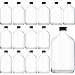 Tebery 15 Pack Glass Flask Liquor Bottle with Black Caps, 12OZ Drink Bottles for Beer Milk Beverage Perfume Oil Sauce Whiskey Soda Liquid