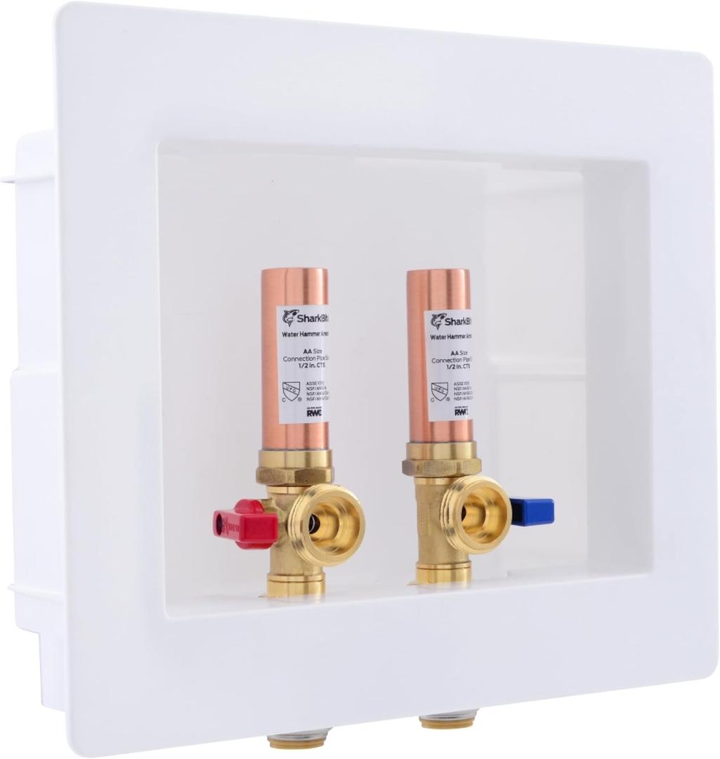 SharkBite Max 1/2 Inch x 3/4 Inch MHT Washing Machine Outlet Box with Water Hammer Arrestor, Push-to-Connect Brass Plumbing Fittings, PEX, Copper, CPVC, PE-RT, 25031