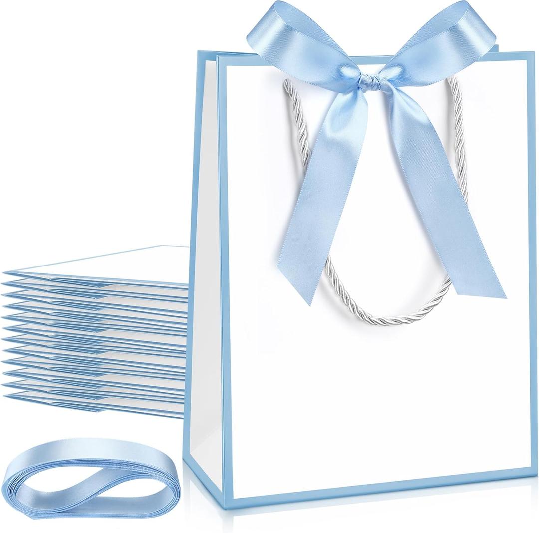 Silkfly 12 Pcs Wedding Paper Gift Bags with Handle 9x7x3.15'' Thank You Gifts Bags with Ribbon Bow Bridal Shower Gifts for Baby Shower Graduation Holiday Birthday Party Supplies (White,Light Blue)