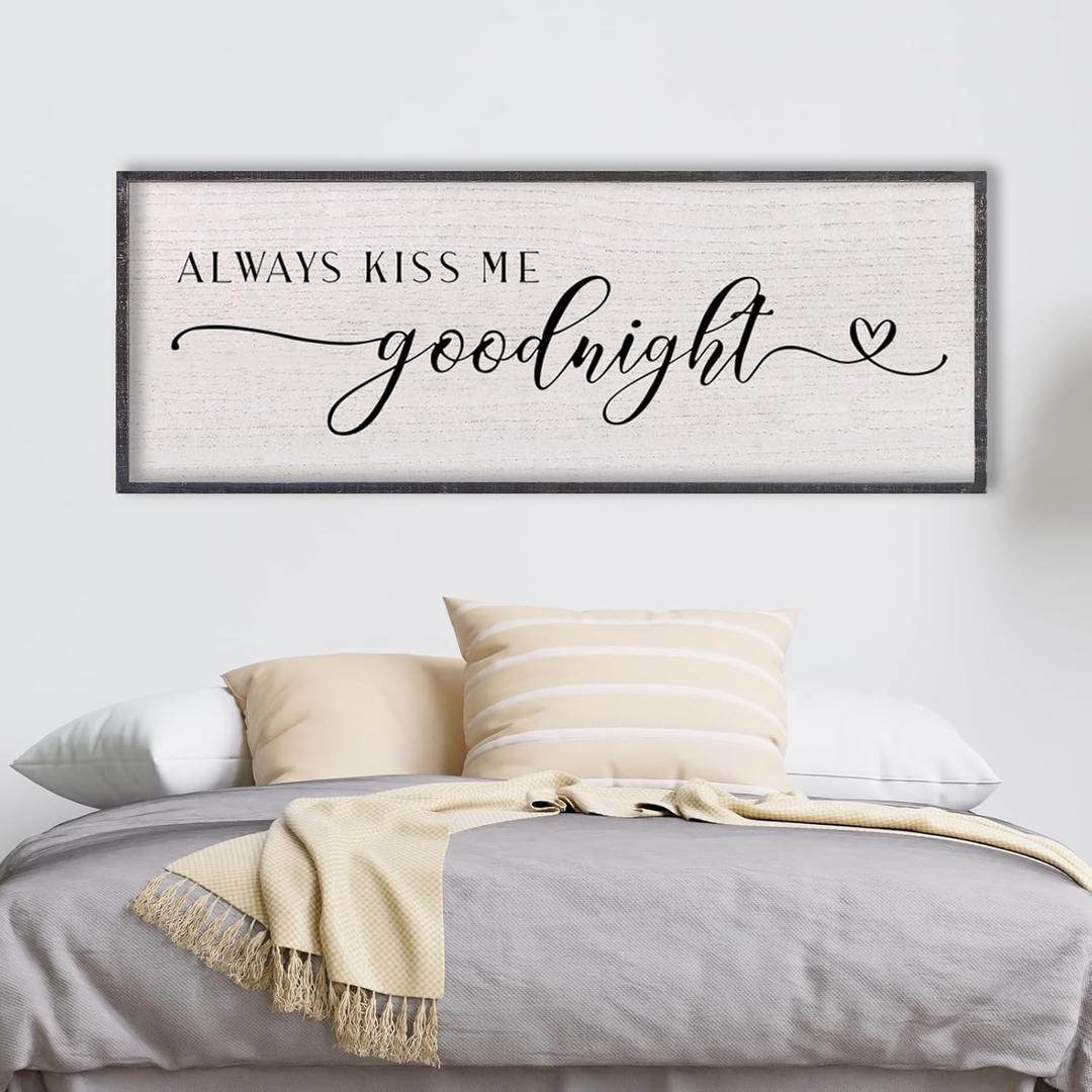 LuZhiQiang Above Bed Love Theme Wall Decor Always Kiss Me Goodnight Sign 40"15" Wood Framed for Master Bedroom Over Bed Wall Art (Black)