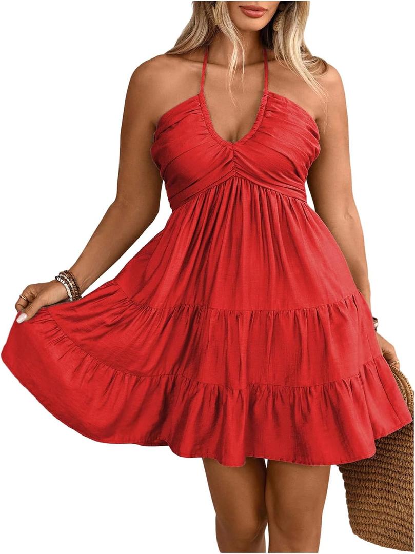 OYOANGLE Women's Plus Size Sleeveless Short Tiered Halter Dress Ruched Tie Back A Line Sundress, Size: XL