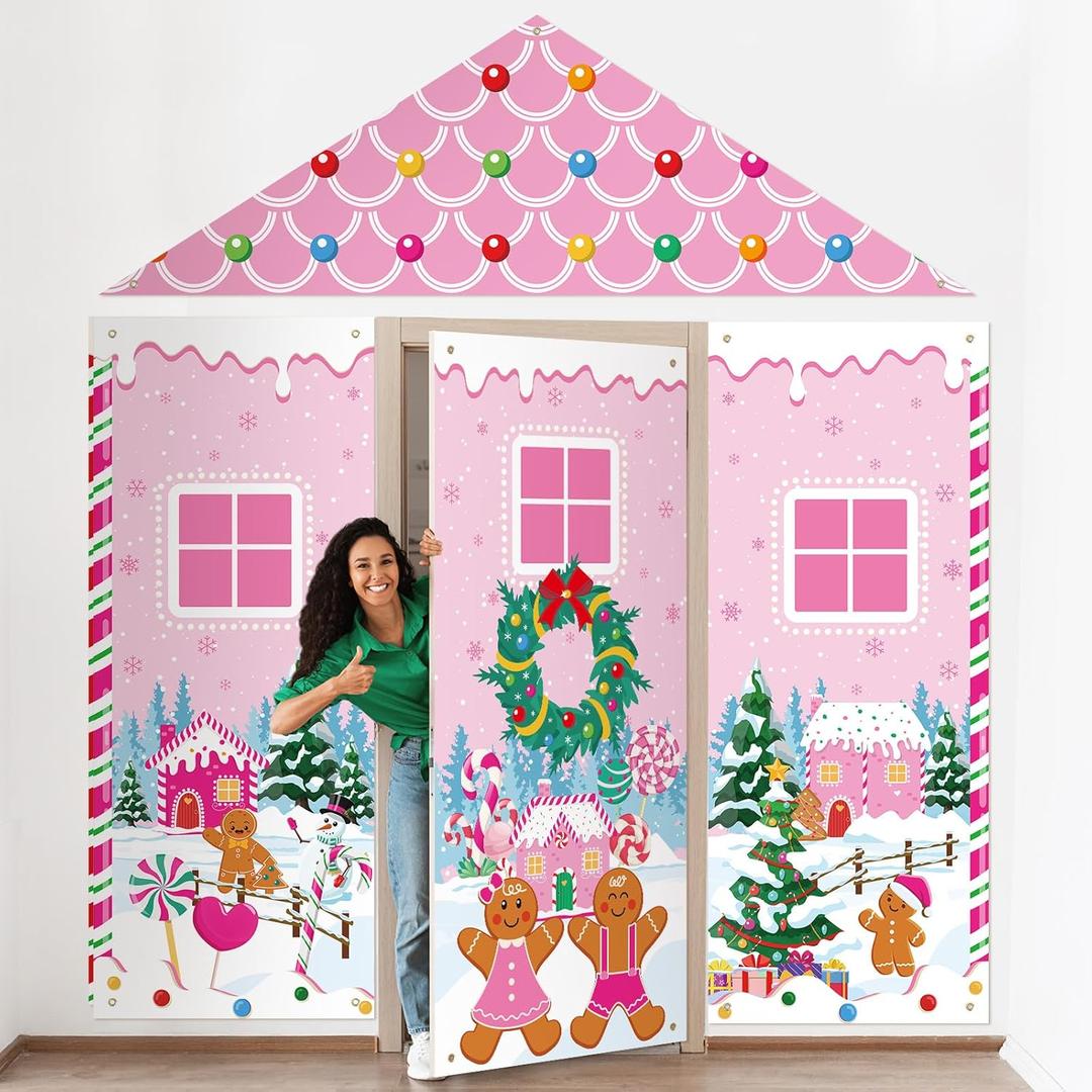 4 Pcs Christmas Gingerbread Door Decoration Xmas Gingerbread House Candy Door Covers Backdrop Christmas Hanging Banner Porch Sign for Holiday Classroom Office Home Party Decor(Pink)