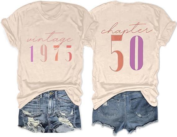 50th Birthday Gift for Women Vintage 1975 Shirt Letter Print Retro Party Tops Casual Short Sleeve Tee (Medium)