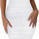 BEAGIMEG Women's Sexy Bodycon Sleeveless Ruched Mesh Club Party Midi Dress (Medium, White)