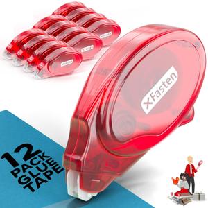 XFasten Adhesive Roller for Scrapbooking, 8mm x 30ft 12-Pack Double Sided Glue Tape Roller Scrapbook Supplies for Adults, Photo Tape for Scrapbooking (Red Shell (Clear Tape))