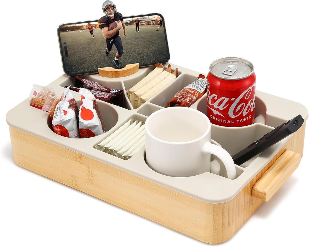 Nnewvante Couch Tray with Removable Silicone Insert, Non-Slip Couch Caddy for Drinks Snacks Remotes, Bamboo Sofa Tray for Deep Couches, Sectionals & Movie Night with Carry Handle 14x10inch (14in, Beige)