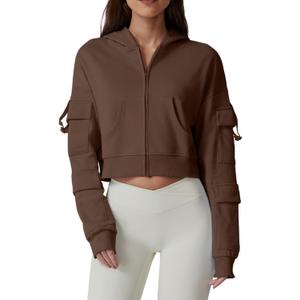 QINSEN Hoodies for Women Full Zip Up Cropped Jacket Long Sleeves with Cargo Pockets Sweatshirts Tops (Brown, XS)