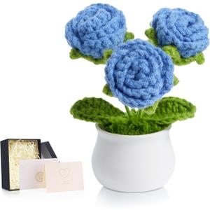 LAIDANLA Crochet Flowers Blue Roses Mini Potted, Handmade Blue Rose Anniversary Appreciation Birthday Gifts for Women Friend Teacher Coworker Mom Sister Knitted Flower for Desk Car