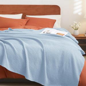 PHF Pre-Washed Cotton Waffle Weave Blanket Twin Size for Bed,Snag Proof Throw for Couch Spring Summer Lightweight Breathable,Oeko-TEX Certified,Machine Washable,Home Decor GiftSky Blue/Baby Blue