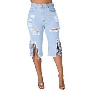 BestGirl Women's Ripped-Denim Hole Washed Distressed Mid Rise Stretchy Short Jeans (Large, B Light Blue1)
