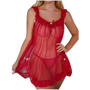 OYOANGLE Women's 2 Piece Mesh Sheer Floral Lace Babydoll Slip Dress Nightgowns and Thong Lingerie Set Size M