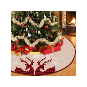 BEBEKULA 48 inch Burlap Christmas Tree Skirt, Red and Black Plaid Reindeer Extra Large Tree Skirts, Xmas Tree Skirt for Christmas Decorations Indoor Outdoor (48")