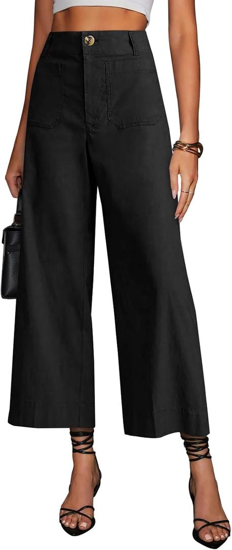 miduo Womens High Waisted Cropped Wide Leg Stretchy Straight Pants Trousers with Pockets (Black)