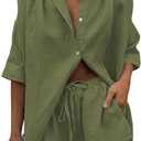 Meenew Women's 2 Piece Outfits Button Down Short Sleeve Shirts and Shorts Set Summer Sweatsuits Loungewear Set (X-Large, Army Green)