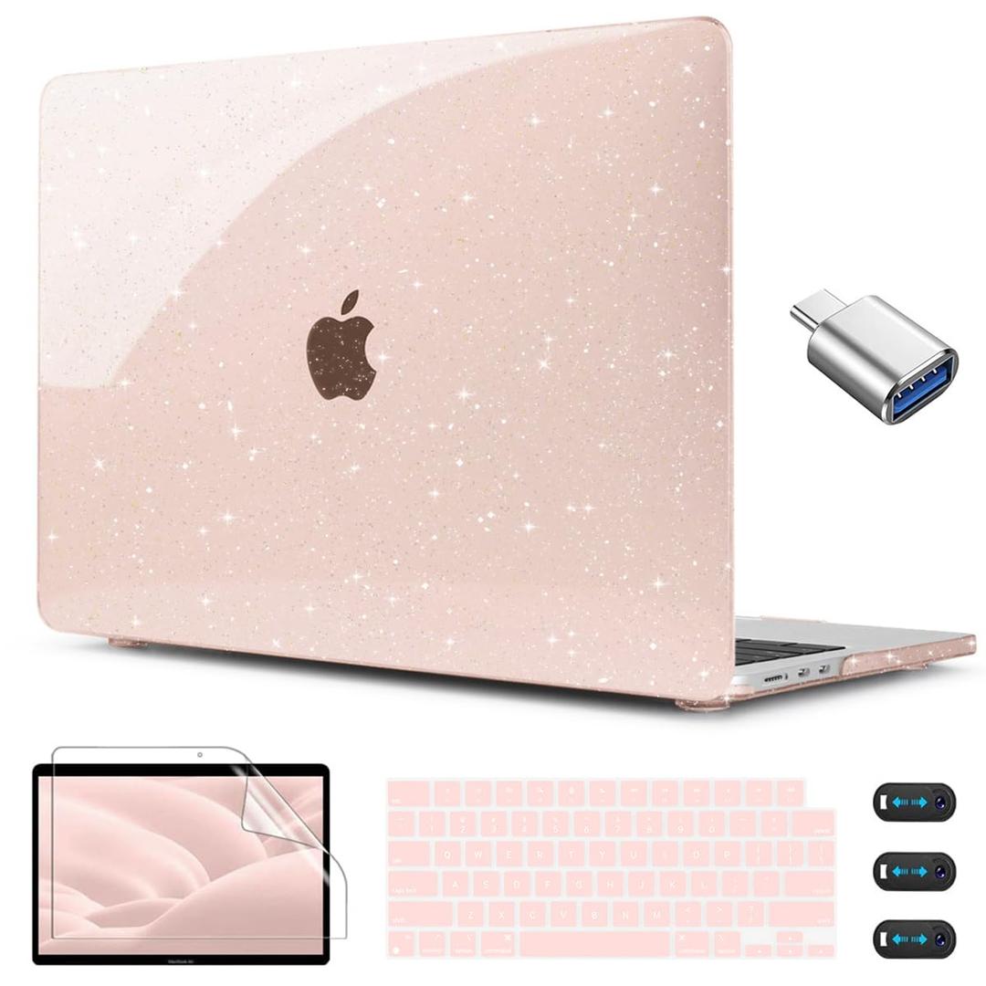 CISSOOK Cherry Pink Glitter Case for MacBook Air 13.6 inch 2026 2025 2024 2022 A3449 A3240 A3113 A2681, Bling Hard Shell Case with Keyboard Cover Screen Protector for MacBook Air 13 M2 M3 M4 M5