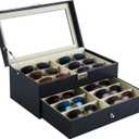 12 Slot Sunglasses Organizer, Lockable Leather Multi Eyeglasses Organizer with Drawers, Eyeglass Frames with Clear Glass Covers for Watch Jewelry Collection, Black