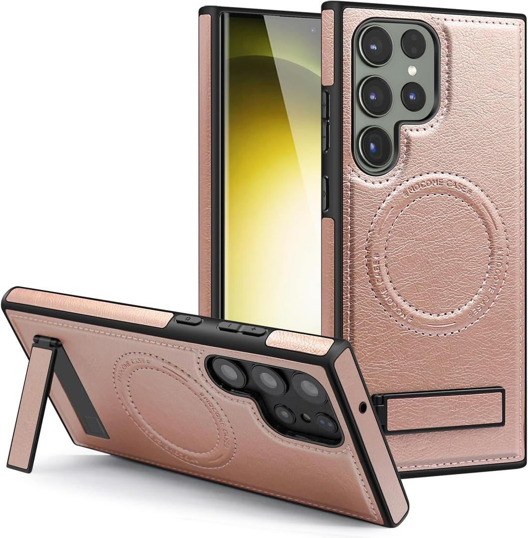 Lunivop Compatible with Samsung Galaxy s24 Ultra Case PU Leather [Compatible with Magsafe Wireless Charging] Magnetic Cover Stand Funda Rugged Phone Case Rose Gold