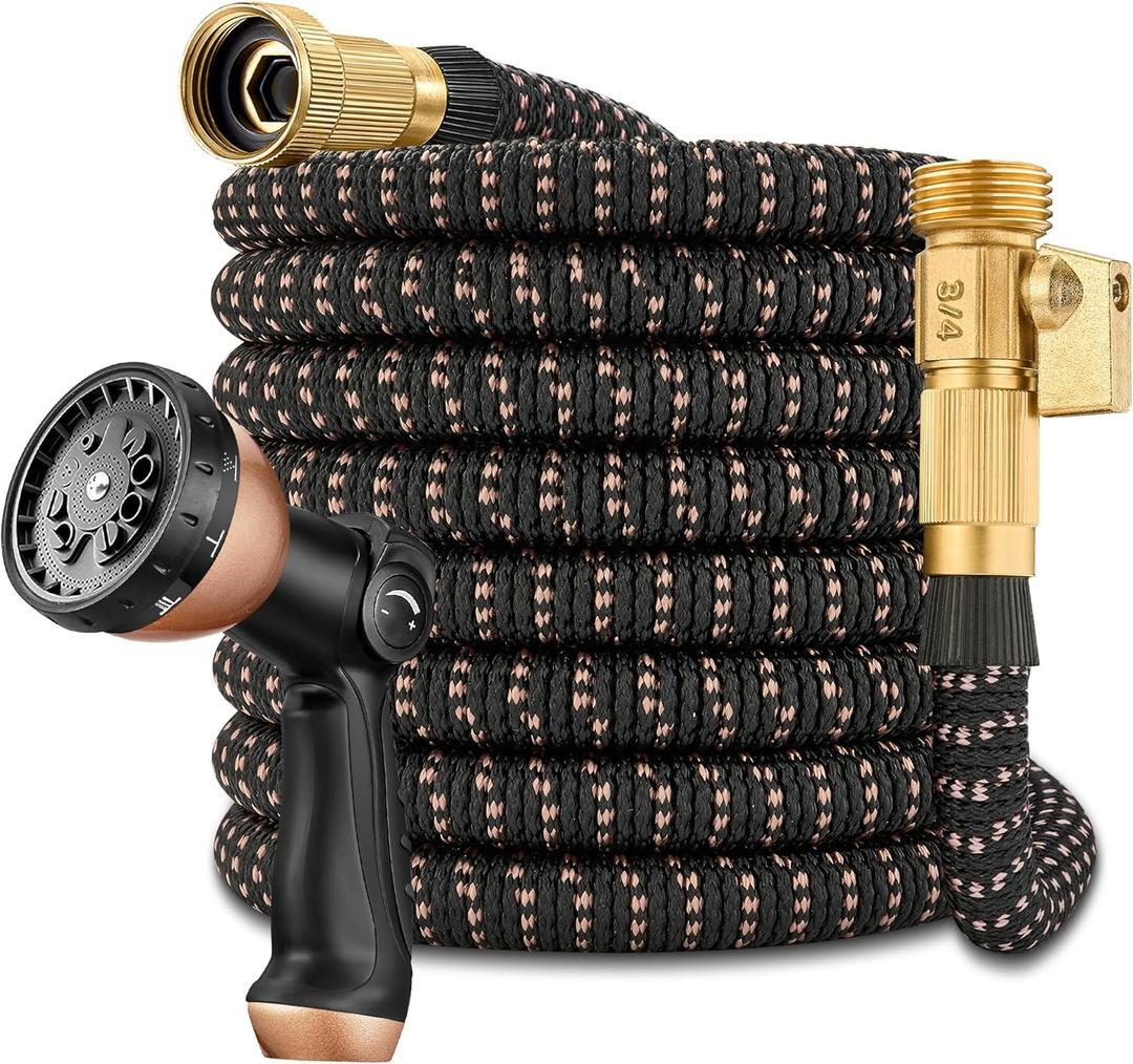 50FT Expandable Garden Hose - with 10-Function Spray Nozzle - Lightweight, Flexible, Retractable Garden Hose, Water Hose - No-Kink Flexibility,3/4" Solid Brass Fittings-ChampagneGold