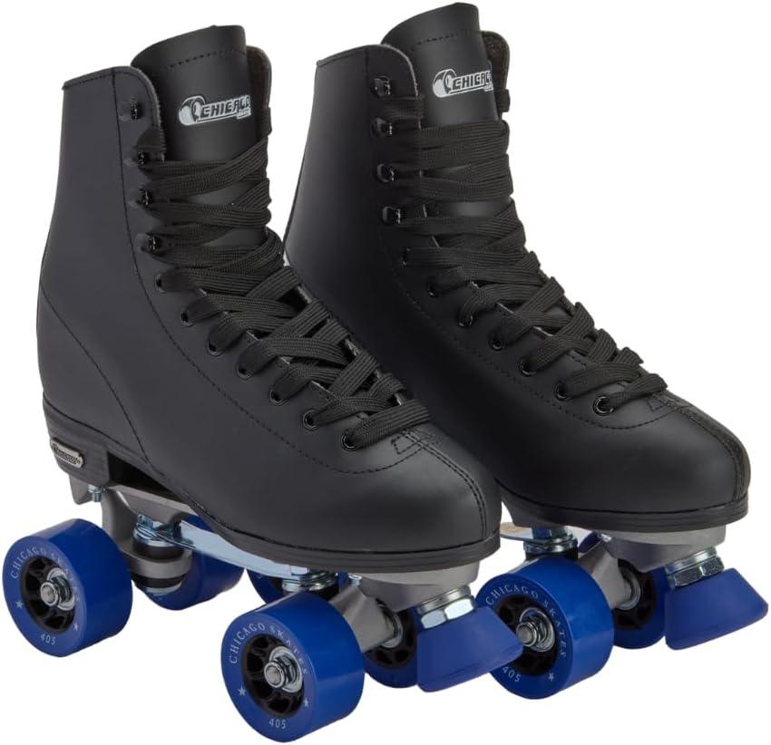 Chicago Skates Classic Quad Roller Skates for Women & Men Durable & Top Performance, Adjustable High-Top Boots for Safe Indoor/Outdoor Roller Derby60mm PU Wheels & Semi-Precision Bearings (Black,Womens 8 / Mens 7)