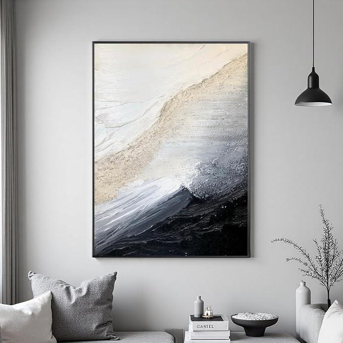 Hand Painted White and Black Seascape Oil Painting For Living Room, Large Framed Abstract Office Wall Art,3D Textured Modern Artwork for Bedroom Home Decoration 28x40 inches