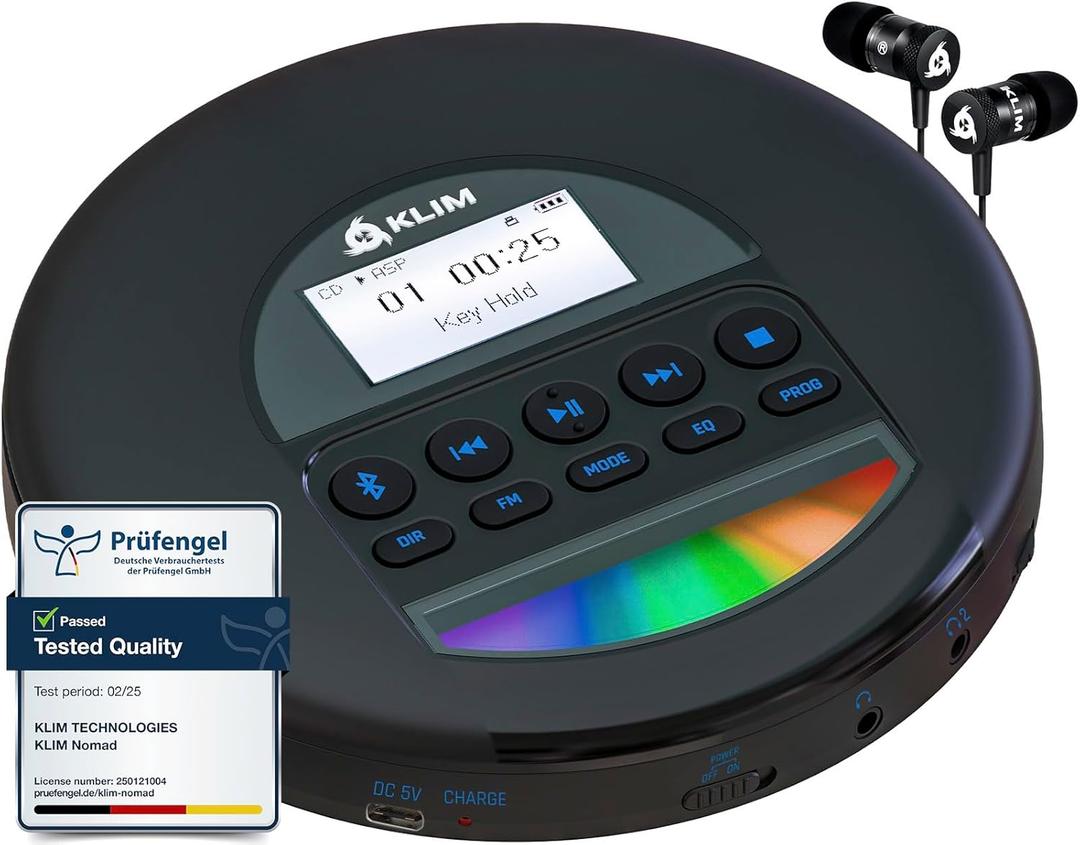 KLIM Nomad - Portable CD Player with Long-Lasting Battery - with Headphones - Radio FM - Compatible MP3 CD Player Portable - TF Card Radio FM Bluetooth - Ideal for Cars - Black Blue