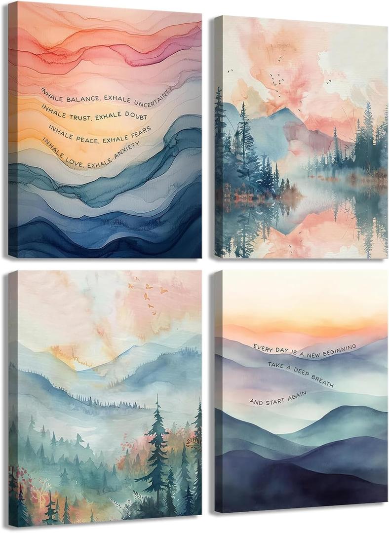 4pcs Inhale Exhale Mental Health Canvas Wall Art Prints, Therapy Office Decor, Watercolor Abstract Prints for Wall Decor, Calming Breathe Poster for Therapy Counselling Room 12x16 Ready to hang
