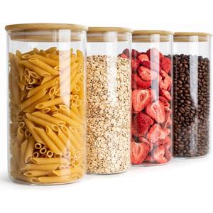 4-Pack Glass Storage Jars with Bamboo Lids, 1200ml Airtight Food Storage Containers, Clear Pantry Organizers and Storage Canisters Set for Cereal, Snack, Candy, Kitchen