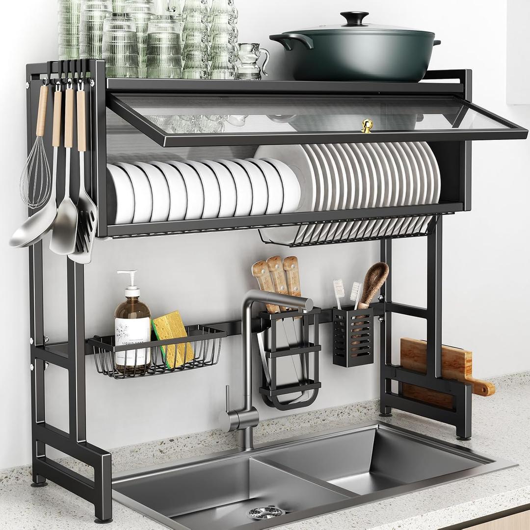 Over The Sink Dish Drainer Drying Rack 3 Tiers with Cover, Keep Kitchen Sink Shlef Organized Space-Saving Dish Drying Rack, Large Stainless Steel Sink Drying Rack for Dishes, Bowls, Cutlery (33.4"W)