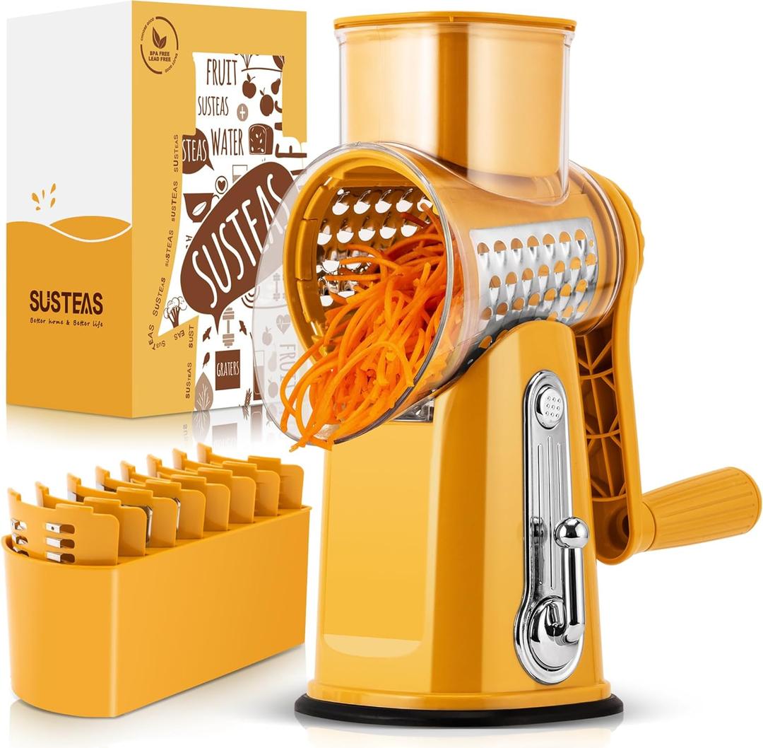 SUSTEAS Rotary Cheese Grater with Handle - Vegetable Shredder with 5 Well-designed Blades & Strong Suction Base,Round Mandoline Slicer & Food Chopper for Kitchen,with Blade Storage Box(Yellow)