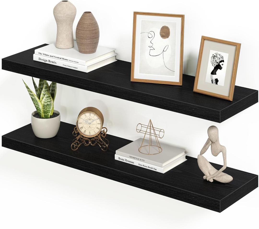 Heimlove Floating Shelves for Wall 36 Inches Long,9.3" Deep Black Floating Shelf Set of 2,Wall Mounted Shelves for Bathroom Bedroom Living Room Kitchen Office,Shelf for Books Storage,Home Decor