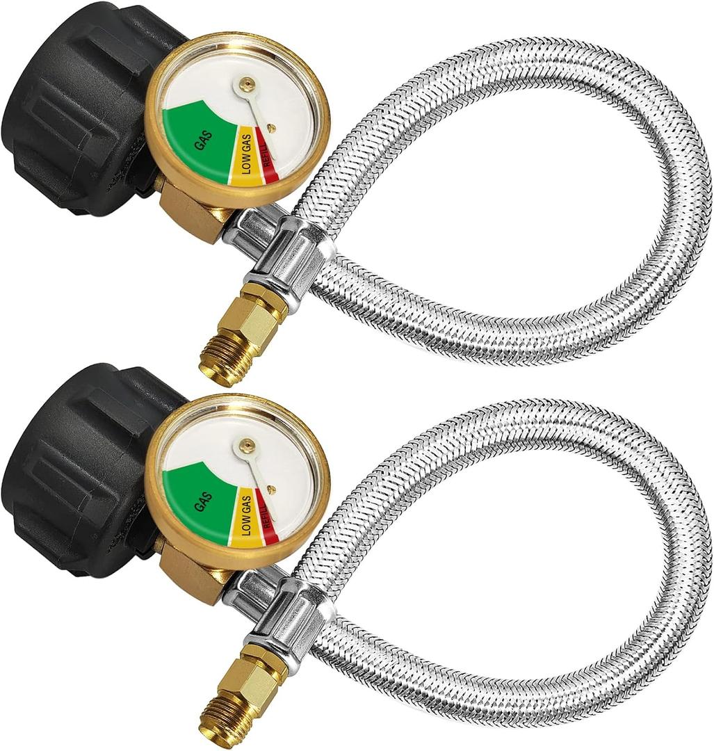 2 Pack 1/4" Inverted RV Propane Pigtail Hose with Gauge, 15inch RV Propane Hose Connector with Type 1/4" Inverted Male Flare Stainless Steel Braided for 5LB - 40LB Propane Tank Coming with Tape